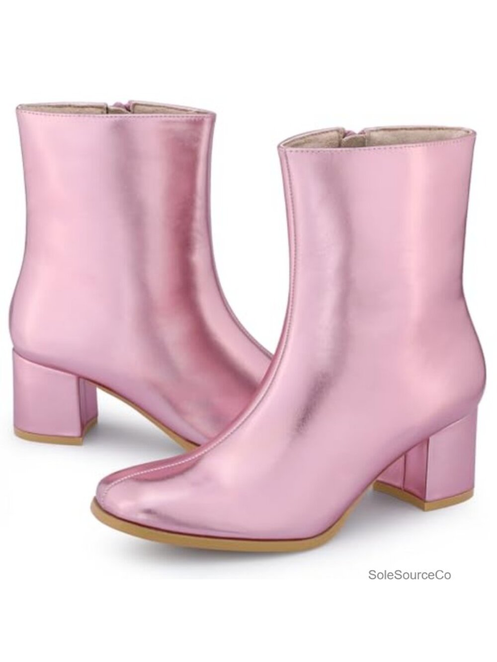 Metallic Square Toe Chunky Heel Ankle Boots Side Zip Gogo Booties